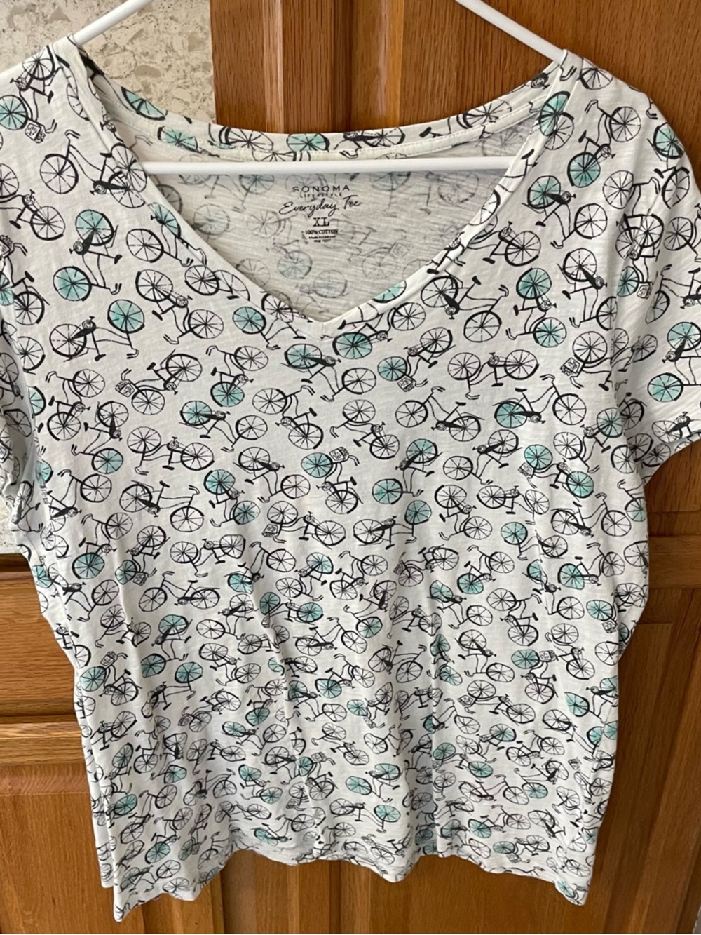 Sonoma Everyday Tee Bicycle Print V-Neck - White & Aqua Accents